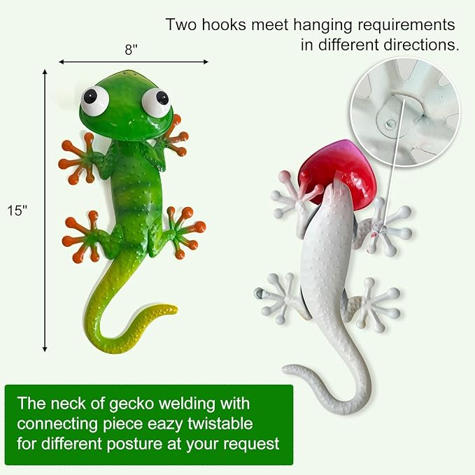 HONGLAND Gecko Metal Wall Art- 15 Inch 3D Lizard Wall Decor Outdoor Garden Sculptures & Statues with Free-Adjustable Head, 2 Pack Yard Decorations for Garden Fence Home