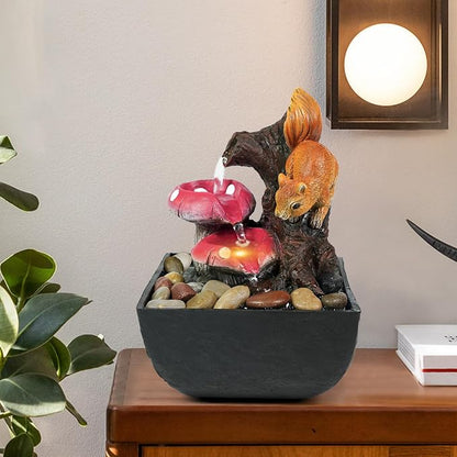 Ferrisland Tabletop Water Fountain Indoor - 3 Tiered Waterfall Fountain Indoor Desktop Water Feature with Light Squirrels Animal Sculpture Relaxation Fountains for Office Home Decor, Gift Idea
