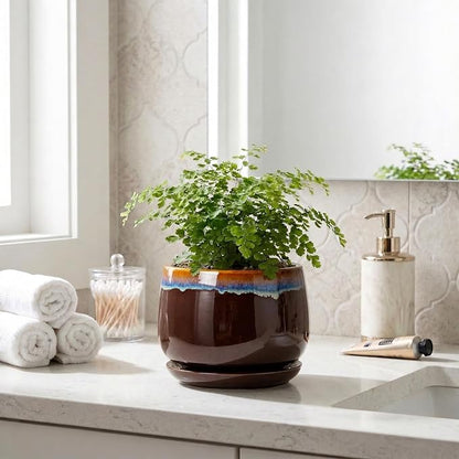 Ceramic Plant Pots - 6 Inch Planter with Drainage Hole and Saucer, Small Succulent Pot for Indoor Plants, Round Decorative Flower Pots, Garden Shelf Decor, Plant Gifts for Women, Brown-Blue