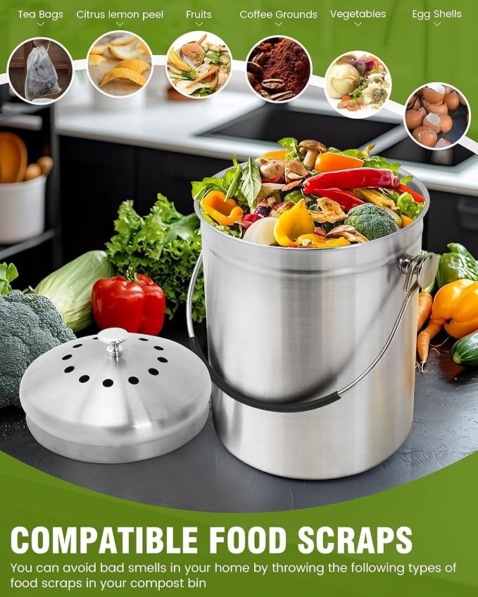 Countertop Compost Bin Kitchen Stainless Steel 1.3 Gallon with Lid, 2 Charcoal Filter for Odorless Composting, Soft-Grip Handle