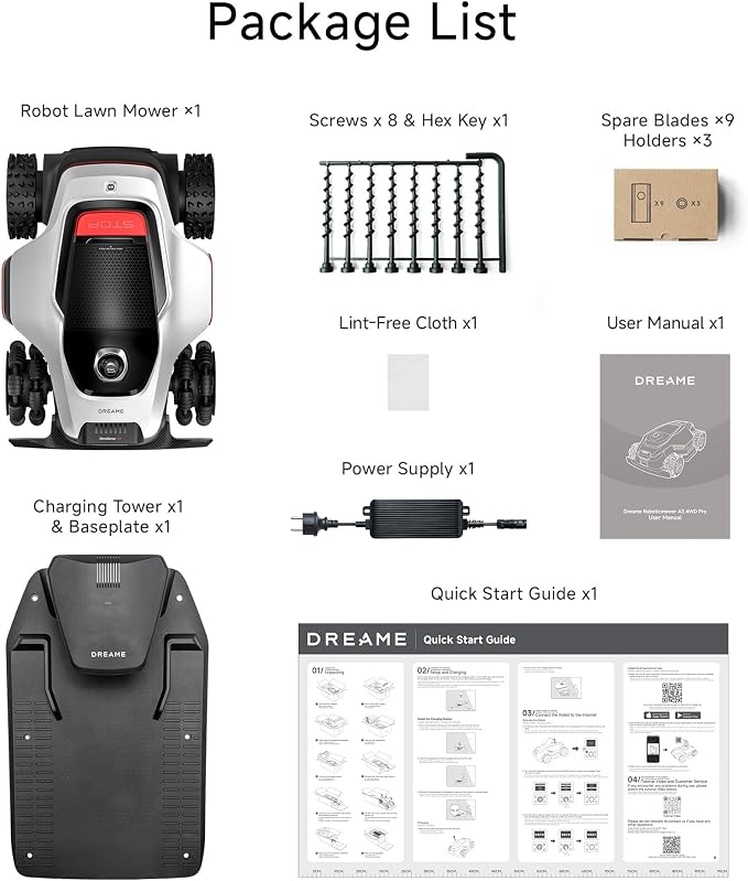[All-Terrain Wire-Free] DREAME A3 AWD 1000 Robot Lawn Mower, 360° 3D LiDAR & AI Dual Vision Smart Robotic Mower for 0.25 Acre, 80% Slopes & 45min Fast Charge