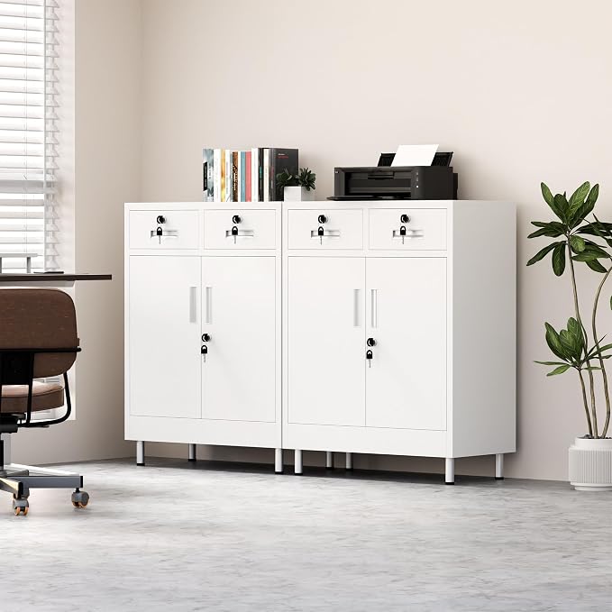 JINGUR Metal Storage Cabinet with Locking Doors and 2 Drawers, Lockable Storage Cabinet with Adjustable Shelf for Home Office Garage Entryway Pantry (White)