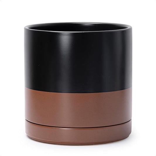 D'vine Dev 10 Inch Ceramic Planter Pot, Black/Tan, 94-O-E-7 | Modern Cylinder Design, Drainage Hole & Saucer Included, Stable Structure, Elegant Home Accent