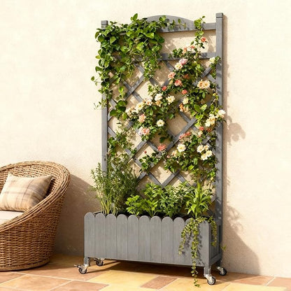 COMHOMA Planter Box with Trellis and Wheels, 48In Elevated Raised Garden Bed, Drainage Holes, Outdoor Lattice for Climbing Flowers, Vegetables, Patio Balcony, Gray