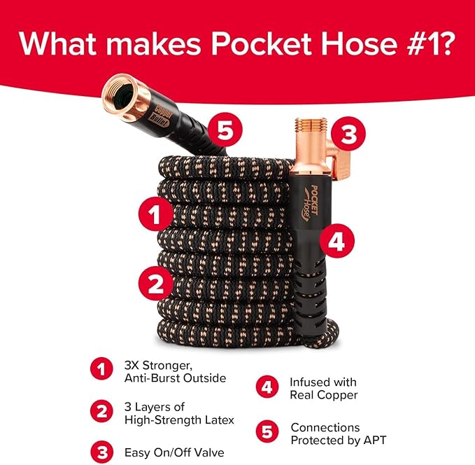 Pocket Hose 75 FT Copper Bullet Expandable Garden Hose w/10 Pattern Thumb Spray Nozzle AS SEEN ON TV 650psi 3/4 in Patented Lead-Free Ultra-Lightweight Solid Copper Anodized Aluminum | 10 pattern thumb spray nozzle, anti-burst upto 650 psi, 3/4 in, lea...