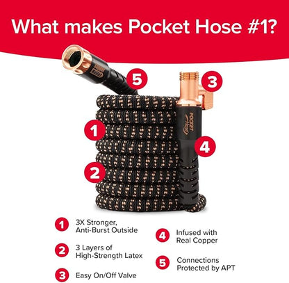 Pocket Hose 75 FT Copper Bullet Expandable Garden Hose w/10 Pattern Thumb Spray Nozzle AS SEEN ON TV 650psi 3/4 in Patented Lead-Free Ultra-Lightweight Solid Copper Anodized Aluminum | 10 pattern thumb spray nozzle, anti-burst upto 650 psi, 3/4 in, lea...