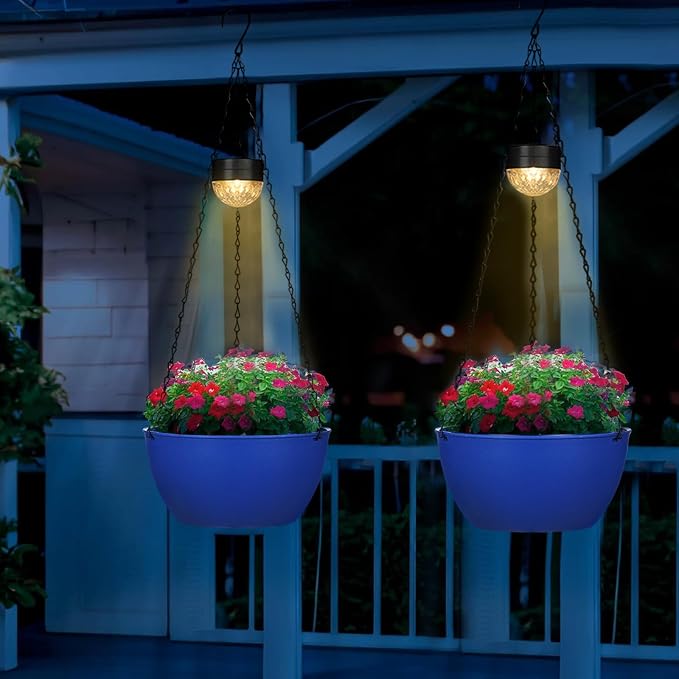 SUNNYPARK 2 Pack Solar Hanging Planters for Plants Outdoor | Self Watering, Blue Flower Pots with Solar Light, Hanging Garden Planters with Drainer for Balcony Patio Outdoor Decor