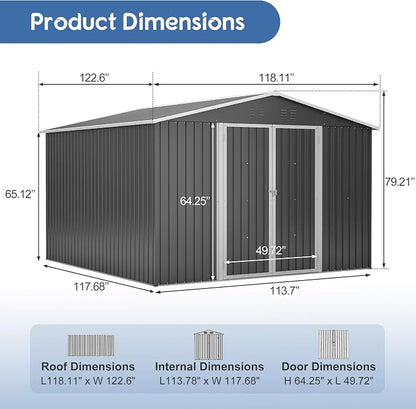 PVWIIK 10x10 FT Large Outdoor Metal Storage Shed, Heavy Duty Waterproof Steel Garden Tool Shed with Lockable Doors, Utility Storage Building for Backyard Patio Lawn Garden, Black