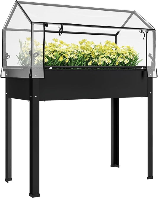 Outsunny Raised Garden Bed with Flip-Up Greenhouse Cover, Elevated Planter Box with Legs and Drainage Hole for Vegetables Flowers Herbs, 39.4" x 18.9" x 48.8", Black