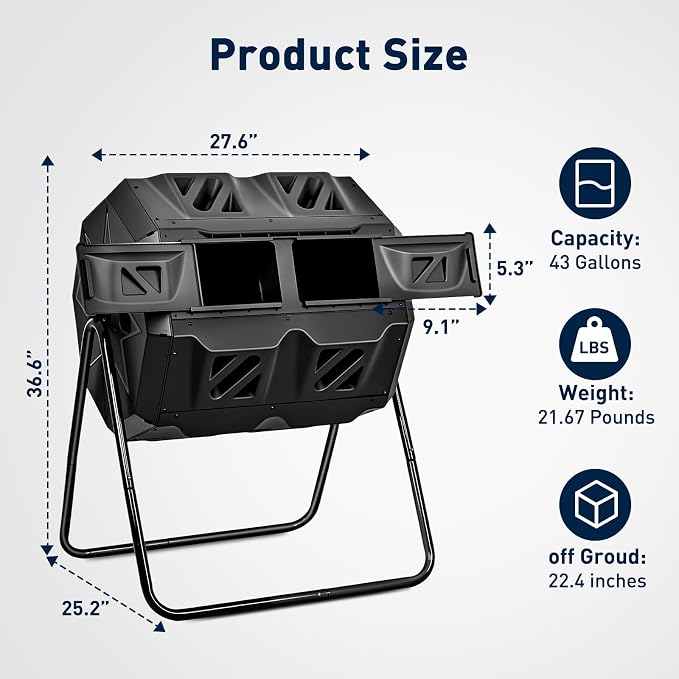 Yesker Dual Chamber Compost Bin Outdoor, 43 Gallon Rotating Tumbling Composter with Sliding Doors, Fast Assembly for Garden, Backyard & Kitchen Waste