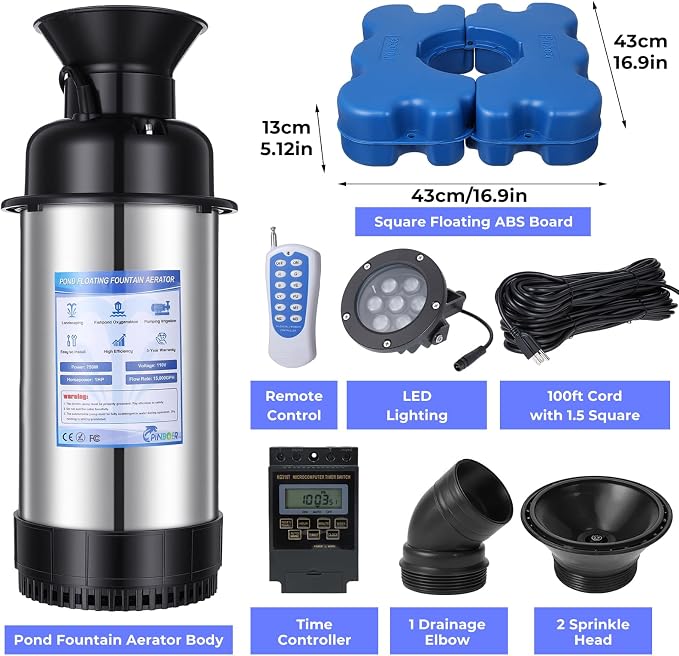 Pond Fountain Aerator with Lights,Floating Fountain for Outdoor Large Ponds | AC110V 1HP 750W with 15000 GPH RGB Light Aeration Aerating Fountain Pump for Outdoor Ponds & Lakes with 15A/100FT Power Cord