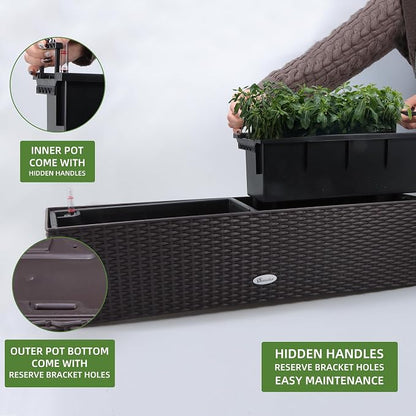 Dexceder 31.5 Inch Self Watering Rail Window Box with Bracket (Brown) | Thickened Large Rattan Planter Flower Plant Pot with Water Level Indicators Indoor Outdoor