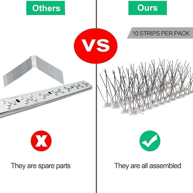 Aspectek Stainless Steel Pre-Assembled Bird Spikes 10 Feet (3 Meters), Bird Deterrent Kit with Transparent Silicone Glue