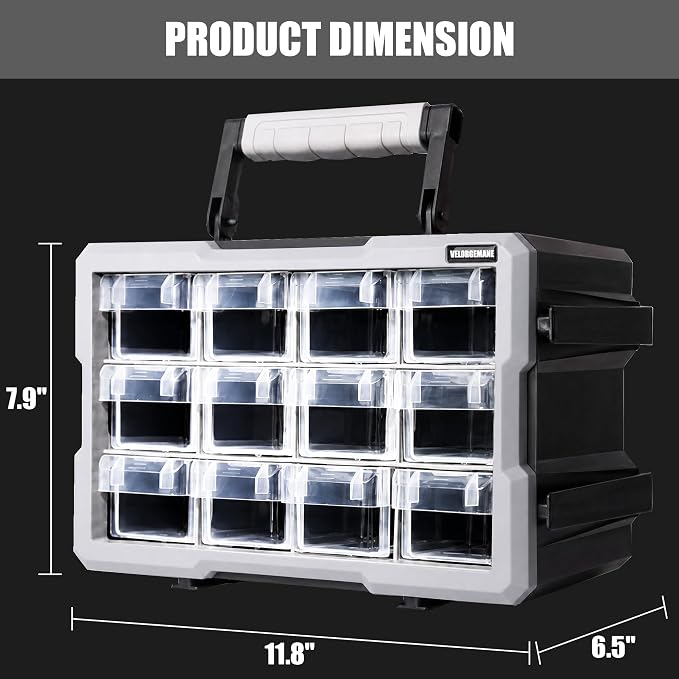 12 Drawer Modular Stackable Storage Organizer with Clear Drawers, Heavy-Duty Interlocking System, Removable Handle, Wall-Mount Workshop Storage Cabinet