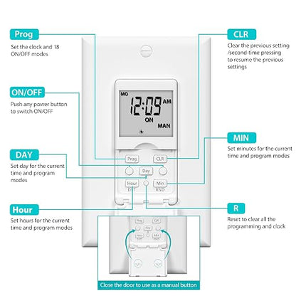 BN-LINK 7 Day Programmable in-Wall Timer Switch for Lights, Digital Light Switch Timer Indoor, Single Pole and 3 Way (Compatible with SPDT) Both Use, Neutral Wire Required, No Backlight, ETL Listed