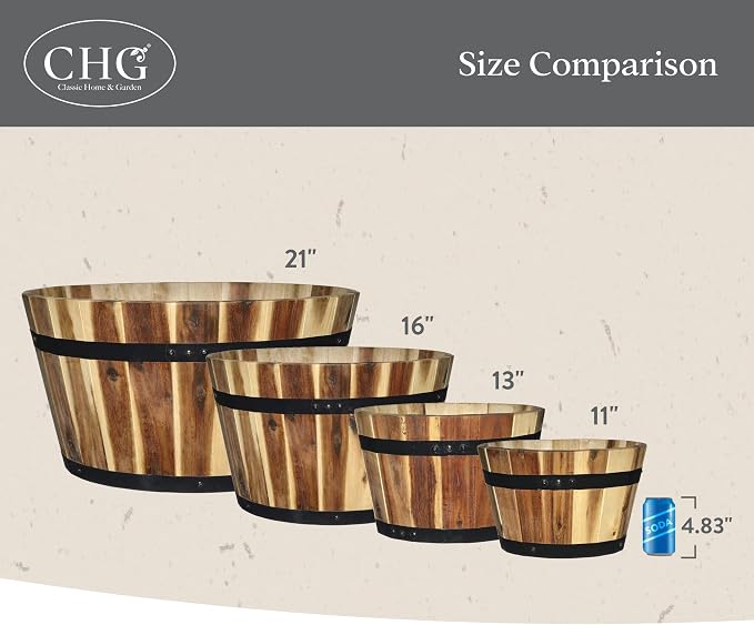 16" Whiskey Barrel Planter, Acacia | Stylish Flower Plant Pots, Indoor & Outdoor Planter, Weather-Resistant, Great for Patio, Home & Garden Decor Accent