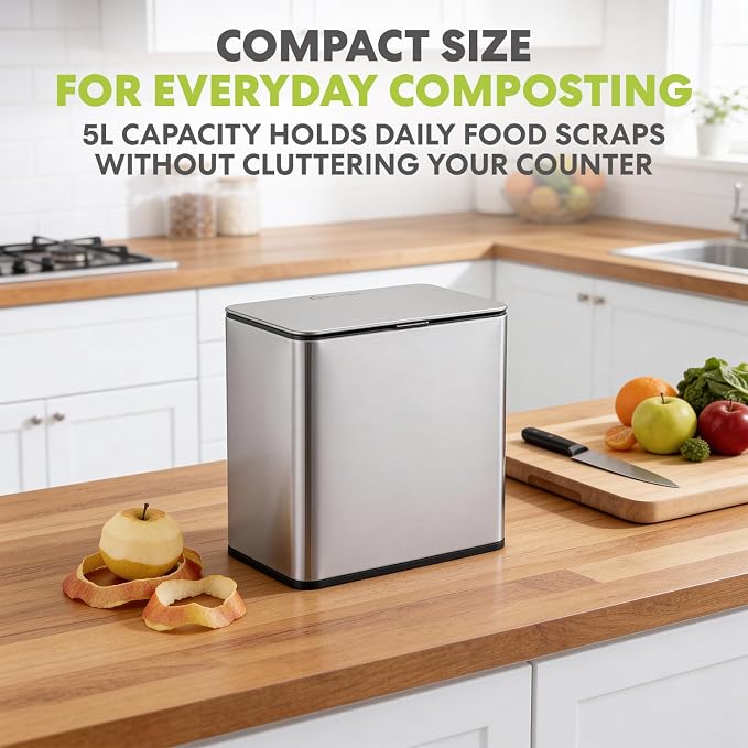 Simpli-Magic Kitchen Compost Bin and Caddy, 5L / 1.32 Gal Stainless Steel with Removable Inner Bucket and Deodorizer Compartment, 2-in-1 Countertop Compost Bin with Lid, Kitchen Food Waste, 79705