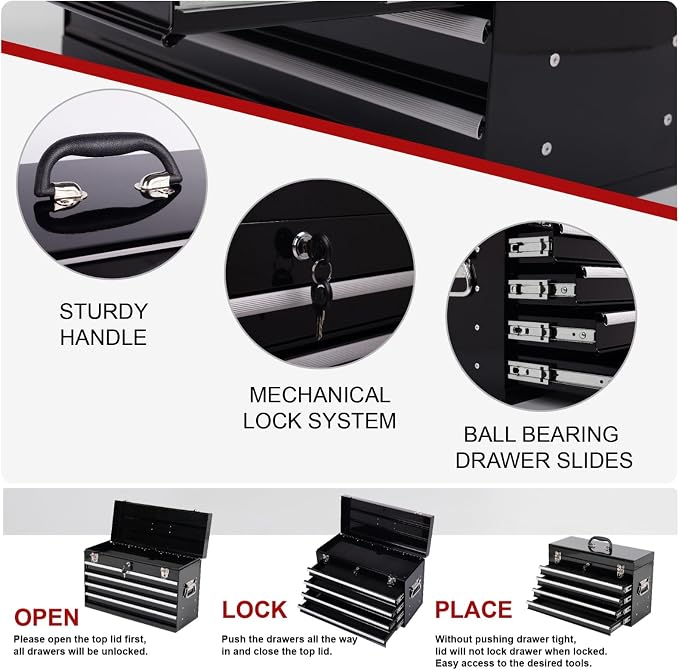 4 Drawers Metal Tool Box, 21'' Portable Metal Tool Box with EVA Liners & Auto-Locking Mechanism, Heavy Duty Steel Tool Chest with Ball-Bearing Drawer Slides & Convenient Top Handle, Black