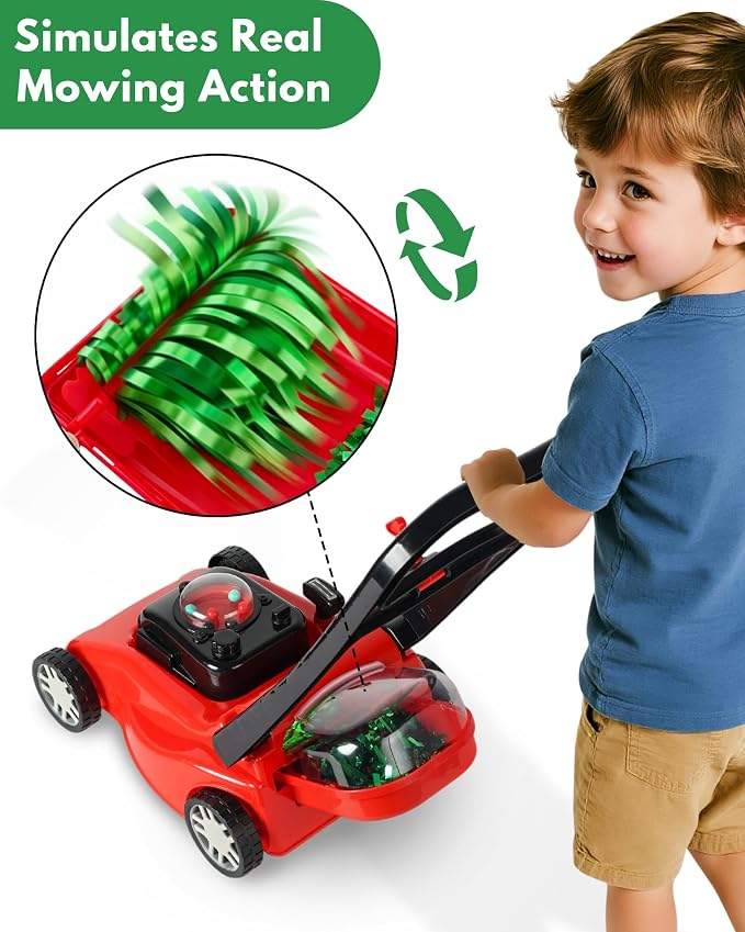 Kids Lawn Mower with Realistic Grass-Cutting Action and Sounds – No Batteries Required | Fun Outdoor Push Toy, Birthday Gift & Holiday Present for 3, 4, 5, 6 Year Old Boys and Girls (Red)