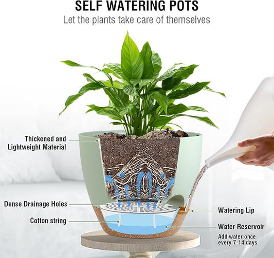 Meowell 10 inch Self Watering Hanging Planters for Indoor Plants, 2 Pack Hanging Baskets for Outdoor Plants, Hanging Flower Pots with Drainage Holes & 2 Kinds of Plant Hangers for Home Decor, Green