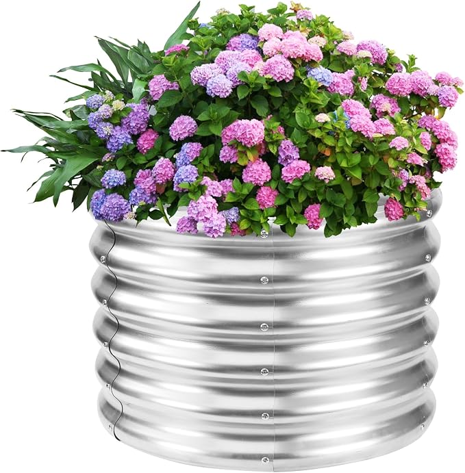 YSEJOMP 17" Tall 24" Diameter Round Raised Garden Bed Kits Outdoor Silver | 1.5 FT Tall,2FT Planter Bed for Flowers,Herbs,Vegetables,Trees,0.8MM Thick Galvanized Metal,with Gloves,Tool free