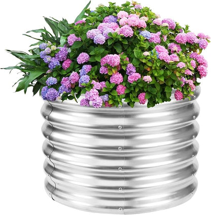 YSEJOMP 17" Tall 24" Diameter Round Raised Garden Bed Kits Outdoor Silver | 1.5 FT Tall,2FT Planter Bed for Flowers,Herbs,Vegetables,Trees,0.8MM Thick Galvanized Metal,with Gloves,Tool free
