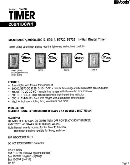 Southwire Woods In-Wall 12-Hour Digital Countdown Timer - Automatic Shut-Off Timer - LED Compatible Timekeeper - Energy-Efficient Wall-Mounted Timer - White