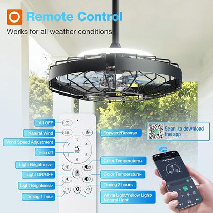 addlon 20 Inch Outdoor Ceiling Fan with Light for Patio, IP65 Waterproof Plug in Caged Hanging Fan, Remote Control, 3000-6000K Dimmable, 6 Speeds Reversible Outdoor Fan for Gazebo, Pergola, Porch