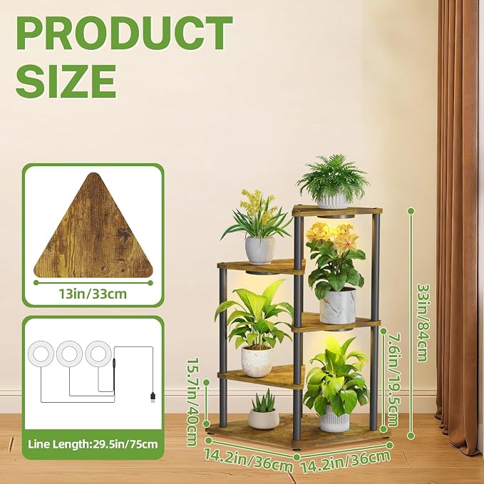 iDavosic.ly Tall Plant Stand with Grow Lights for Large & Heavy Duty Planters, 4 Tier Indoor Corner Flower Shelf with Wooden Trays & Metal Frame, Orchid Rack for Living Room Balcony, Black & Brown