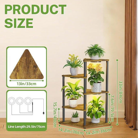 iDavosic.ly Tall Plant Stand with Grow Lights for Large & Heavy Duty Planters, 4 Tier Indoor Corner Flower Shelf with Wooden Trays & Metal Frame, Orchid Rack for Living Room Balcony, Black & Brown