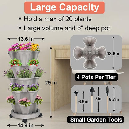 GameXcel Vertical Planter Tower - 7 Tier Stackable Garden Planters with Wheels and Tools Plant Pots for Strawberry Herb Flower and Vegetable Indoor Outdoor Use Gray