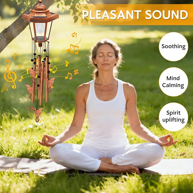 2 Pack Solar Hummingbird Wind Chimes, Gifts for Women Mom Grandma Wife Sister Daughter Neighbor, Classic Bronze Wind Chimes with Wind Catcher, Solar Decor Lights for Outdoor Garden Patio Porch Window