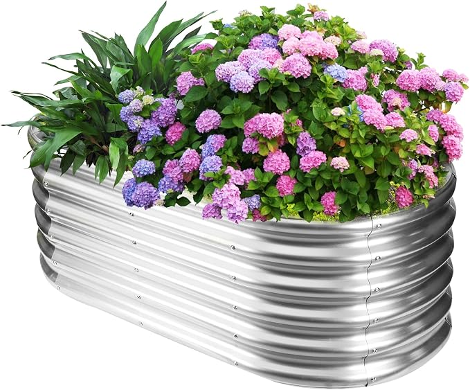 17" Tall Oval-Shaped / Elliptic Metal Raised Garden Bed Outdoor Silver | 48X24X17 Inch,1.5 FT Tall,0.8MM Thick Galvanized Metal,for Variety of Flowers,Herbs,Vegetables.with Gloves,Tool free