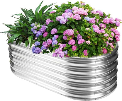 17" Tall Oval-Shaped / Elliptic Metal Raised Garden Bed Outdoor Silver | 48X24X17 Inch,1.5 FT Tall,0.8MM Thick Galvanized Metal,for Variety of Flowers,Herbs,Vegetables.with Gloves,Tool free