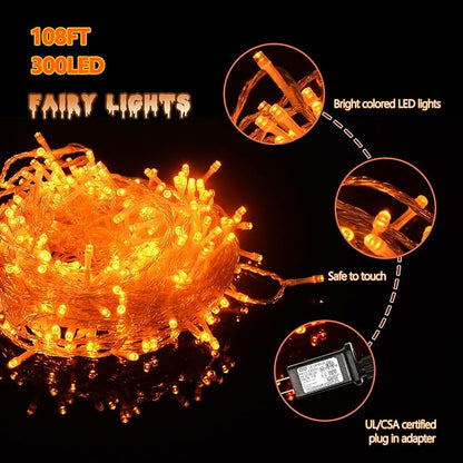 300 Led Orange String Lights Outdoor Halloween Decorations, 108 Ft Thanksgiving Decor Lights 8 Modes Fairy Lights for Bedroom Yard Room Decor