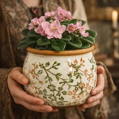 Vintage Ceramic Flower Pot - Indoor Outdoor Planters with Drainage Holes & Filter Screen, 9’’ Large Rustic Farmhouse Decorative Plant Pots for Garden/Patio/Balcony (Bicolor Vines, Large)