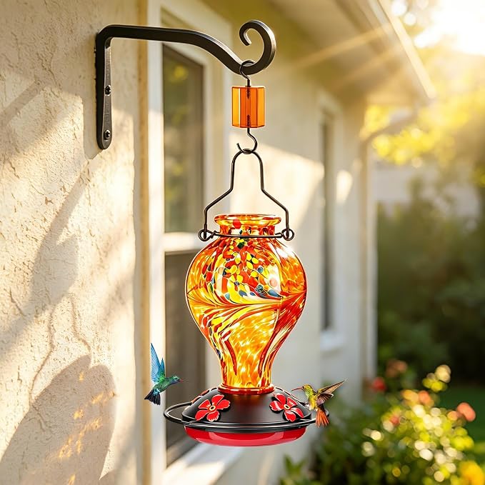 Hand Blown Glass Hummingbird Feeders for Outdoors Hanging, 24oz Wild Bird Nectar Feeder with Ant Moat and Perch, Bee-Resistant Ports, Garden Decor, Gifts for Women Mom, 1 Pack, Orange Phoenix