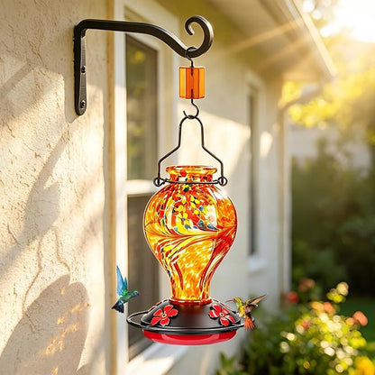 Hand Blown Glass Hummingbird Feeders for Outdoors Hanging, 24oz Wild Bird Nectar Feeder with Ant Moat and Perch, Bee-Resistant Ports, Garden Decor, Gifts for Women Mom, 1 Pack, Orange Phoenix