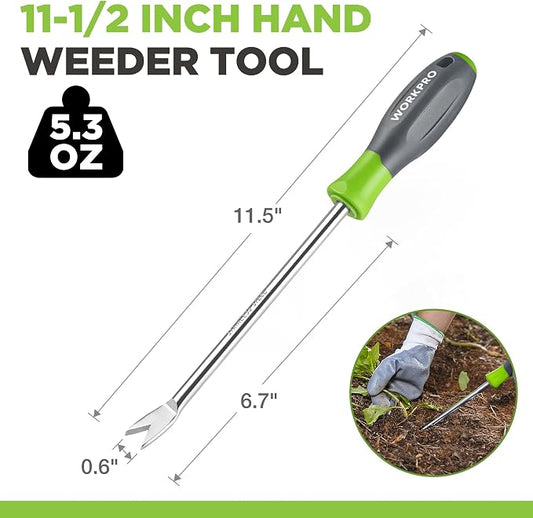 WORKPRO 11.5" Dandelion Weeder Puller Tool with Soft Handle | Polished Stainless Steel Garden Weed Remover Tool, Two-Pronged Fork Weeder Tool for Lawn Farmland Transplant Gardening