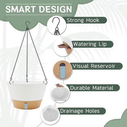 ZMTECH 2 Pack 12 Inch Hanging Planters for Indoor Plants, Large White Self Watering Hanging Planter with Visible Water Level Window & Removable Tray, Modern Flower Pots for Outdoor Patio
