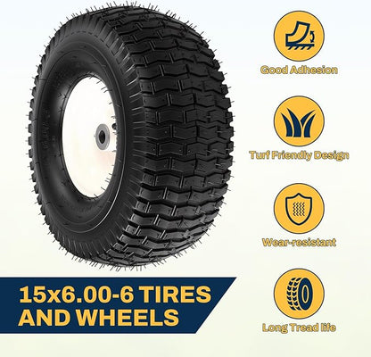 15x6.00-6 Lawn Mower Tire and Wheel, Replacement for John Deere Craftsman Husqvarna Riding Mowers, 4 Ply Tubeless Lawn Mower Tires 15x6x6, 500lbs Capacity, 3" Centered Hub, 3/4" Bushing, 2 Pack