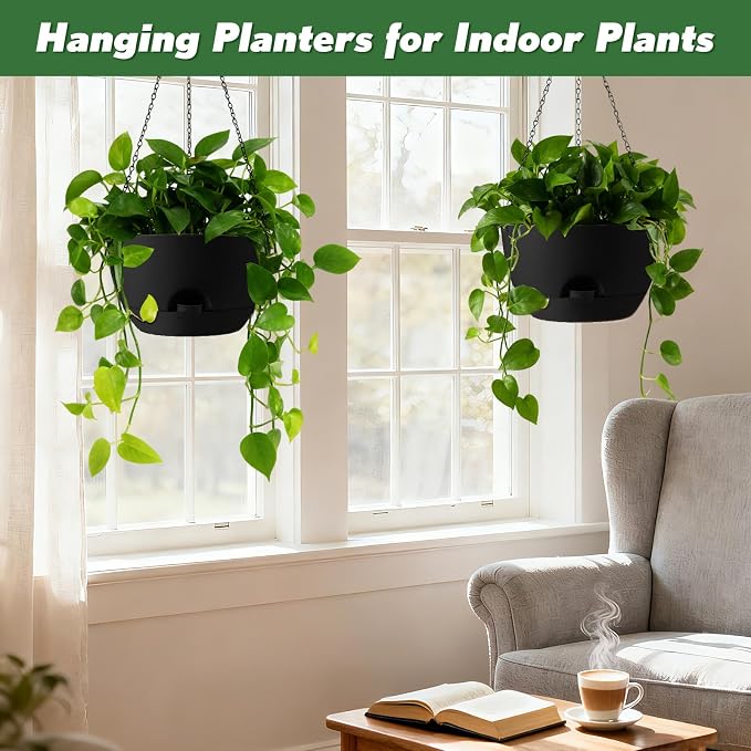 3-Piece Set of 10-Inch Hanging Planters with Automatic Watering System and Drip Tray, Includes Metal Chain, Suitable for Various Indoor and Outdoor Plants and Flowers,Black