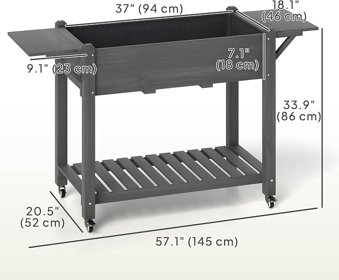 Outsunny Raised Garden Bed, 57 x 20.5 x 34 in Wood Elevated Planter Box with Lockable Wheels, Side Tables and Bottom Shelf, Outdoor Raised Planter with Bed Liner and Drainage Holes, Gray
