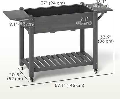 Outsunny Raised Garden Bed, 57 x 20.5 x 34 in Wood Elevated Planter Box with Lockable Wheels, Side Tables and Bottom Shelf, Outdoor Raised Planter with Bed Liner and Drainage Holes, Gray