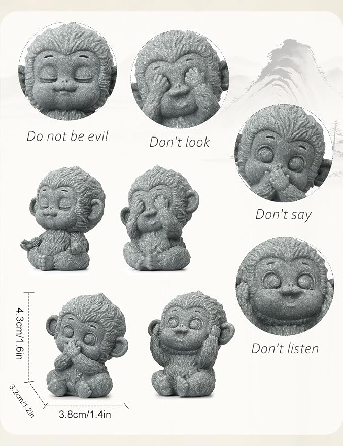 4 Piece Cute Monkey Figurine Set, Sandstone See no Evil,Hear no Evil,Speak no Evil,Do no Evil Statues, Zen Desk/Garden Decor, Mindfulness Animal Accents for Home Office