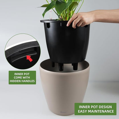 Dexceder 15x14 Self Watering Planter with Wheels (Taupe Matte) | Inner Pot Design, Thickened Large Floor Standing Flower Plant Pot with Water Level Indicator Indoor Outdoor