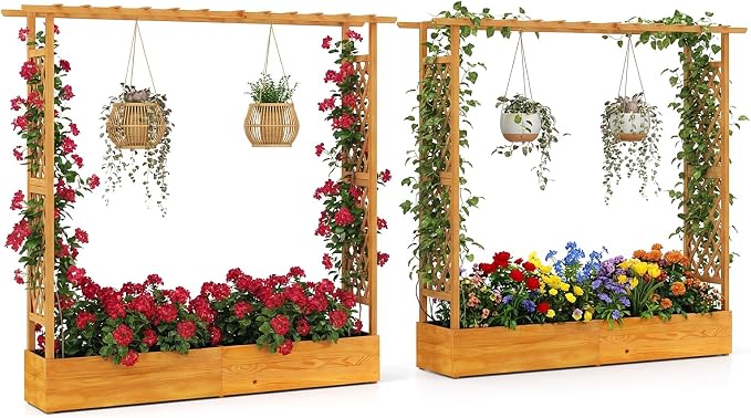 S AFSTAR 2 Pieces Raised Garden Beds with Arch Trellis, Hanging Roof & Drainage Holes, 77-Inch Vertical Plant Container for Vine Climbing Plant Flower, Outdoor Wood Elevated Planter Box for Garden