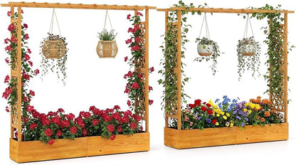 S AFSTAR 2 Pieces Raised Garden Beds with Arch Trellis, Hanging Roof & Drainage Holes, 77-Inch Vertical Plant Container for Vine Climbing Plant Flower, Outdoor Wood Elevated Planter Box for Garden