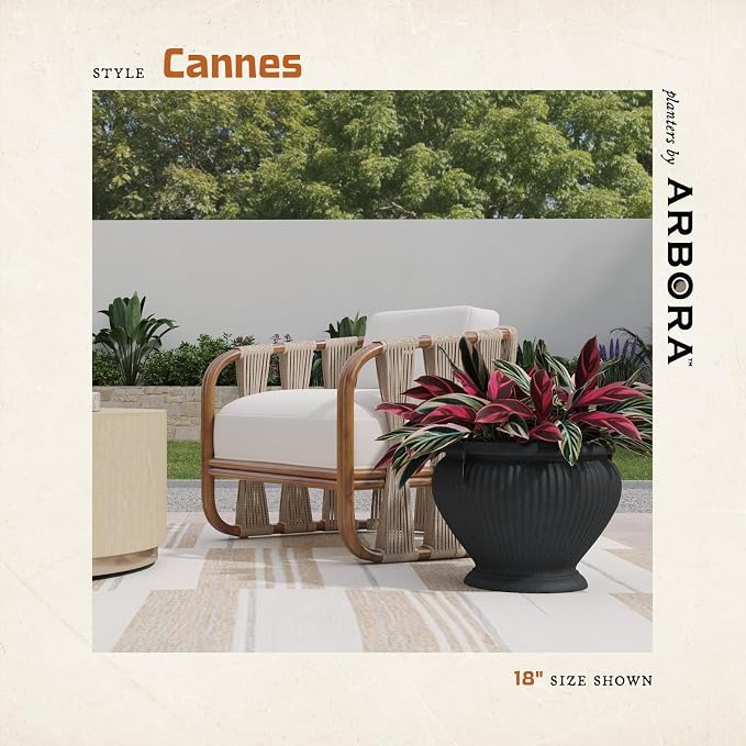 ARBORA 18" Cannes Urn Planter - Premium Polyresin Decorative Outdoor Planter with Drillable Drainage Hole for Optional Indoor Use, Lightweight, Weatherproof Plant Pot for Front Step, Garden, Deck