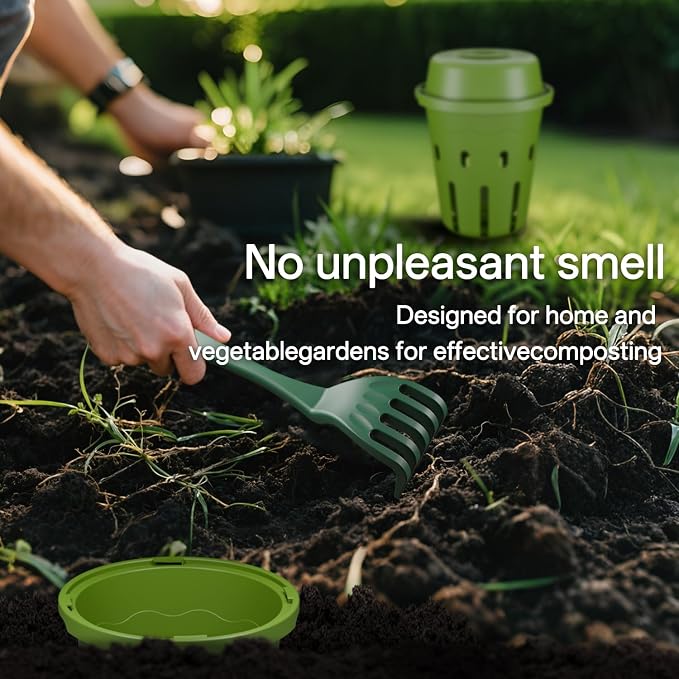 Inground Worm Composter, Mini Underground Worm Farm for Garden Beds, Outdoor Worm Compost Bin for Food Waste, Vermicomposting Bin for Beginners, Elderly, Children (7x7x7.4Inch), Green, 2-Pack